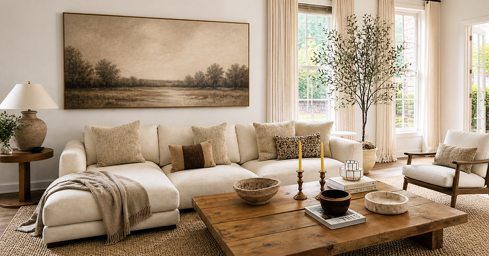 Sala de estar clara e elegante com sofá bege, mesa de madeira, quadro paisagem, planta alta e livro TILES na mesa.