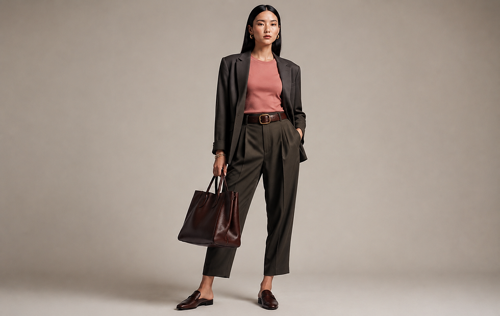 Mulher posa em estúdio com blazer cinza, camiseta rosa, calça escura e bolsa marrom; expressão séria.