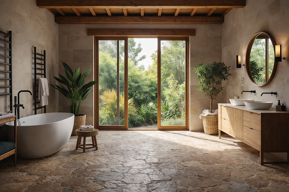 Banheiro com banheira oval, plantas, janela grande com vista para jardim, pia dupla e espelho redondo. Piso de pedras e luz suave.