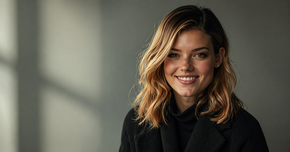 Mulher jovem sorrindo, com cabelo loiro ondulado e casaco preto, em fundo cinza suave e iluminado.