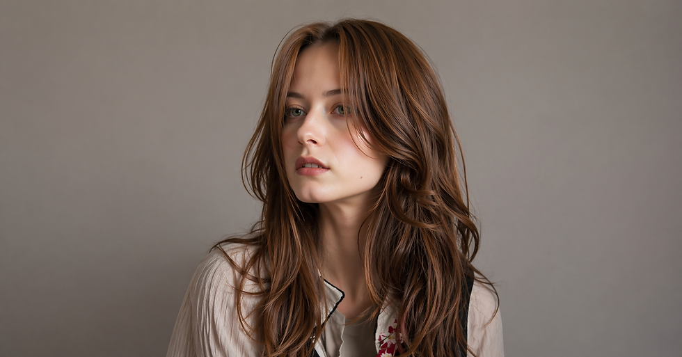 Mulher com longos cabelos castanhos, corte de cabelo médio em camadas repicada