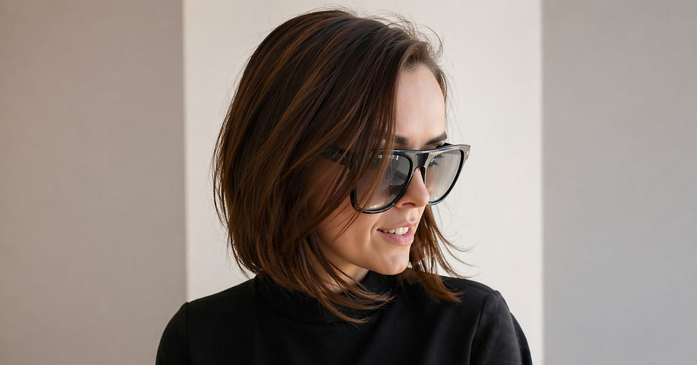 Cortes para rosto oval Mulher sorrindo, usando óculos escuros e blusa preta. Fundo com parede em tons claros. Cabelo castanho solto. Atmosfera descontraída.