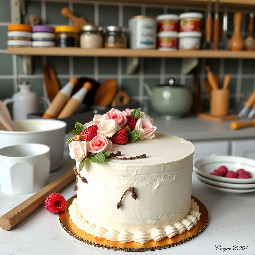 Close-up view of a decorated cake with intricate floral icing designs