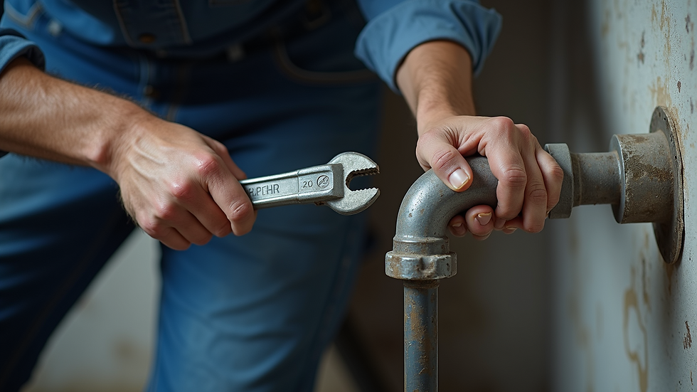 High angle view of a plumber using a pipe wrench on a water pipe