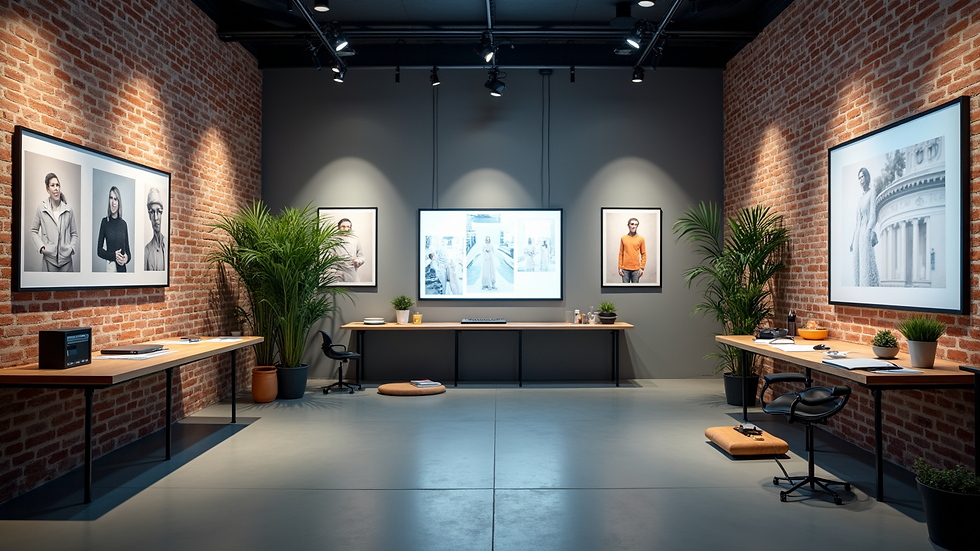Wide angle view of a creative studio with advertising campaign visuals on display