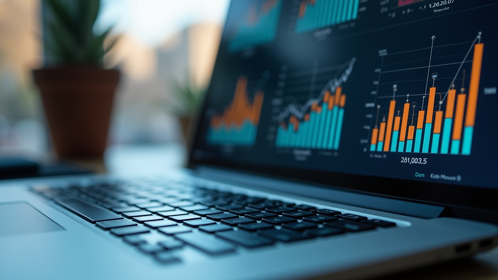 Close-up view of a laptop screen showing AI software dashboard with charts and graphs