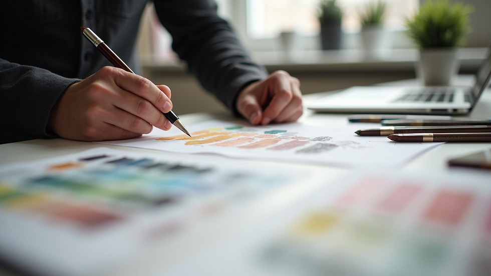 Close-up view of a designer’s workspace with color swatches and sketches