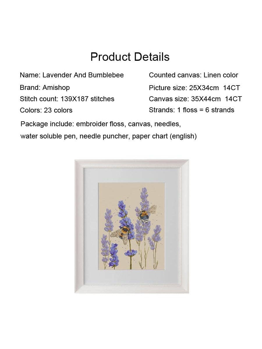 Thumbnail: 1set Counted Cross Stitch Kit Lavender And Bumblebee Plant Insect Embroidery