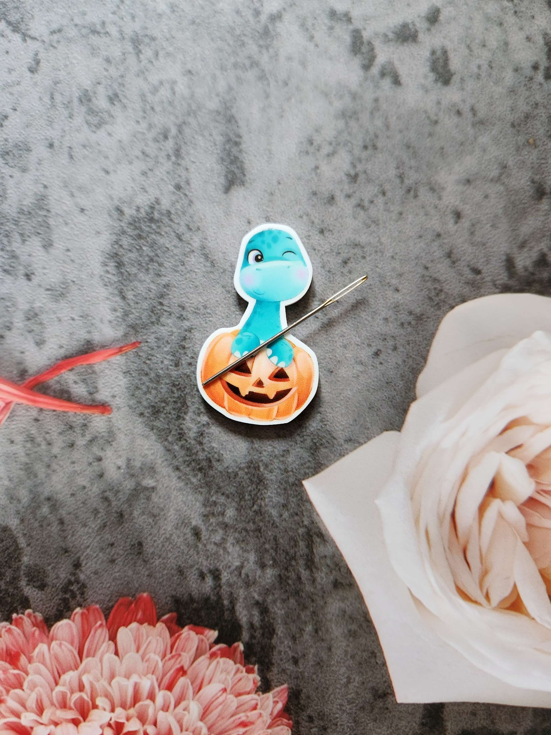 Blue Dinosaur In Pumpkin Needle Minder
