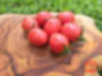 Rote pflaumenförmige Salattomate auf einem Holzbrett - Tomate Katrina aus der DDR
