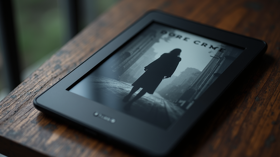 Close-up of an eReader displaying a noir crime story cover