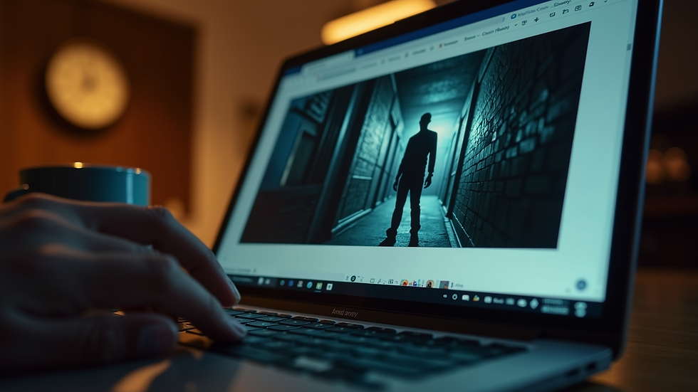 Close-up view of a laptop screen showing a noir crime story on a writing community platform