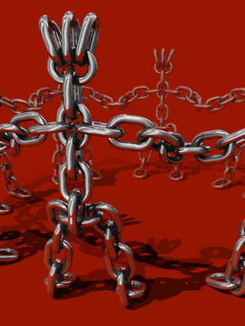 דמויות שרשרת מתחברות בעיגול על רקע אדום, קונספט של משהו