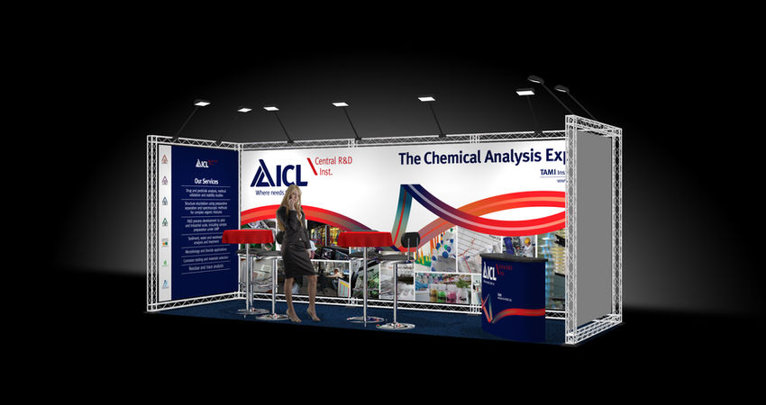 דוכן ICL עם כיתוב: The Chemical Analysis Experts בתצוגה מקצועית.