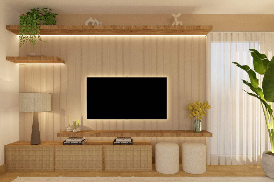 rack de tv hermoso en madera y colores neutros.