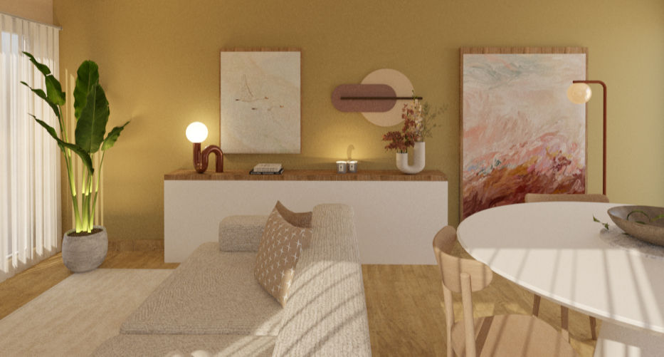 living comedor con pared pintada en verde y colores neutros que generan calidez.