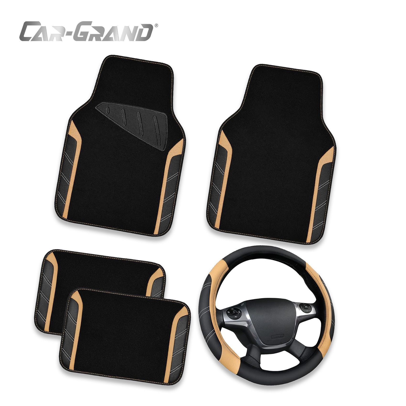 CAR GRAND car Steering Wheel Cover Leather Combo Pack Car Floor Mats Beige