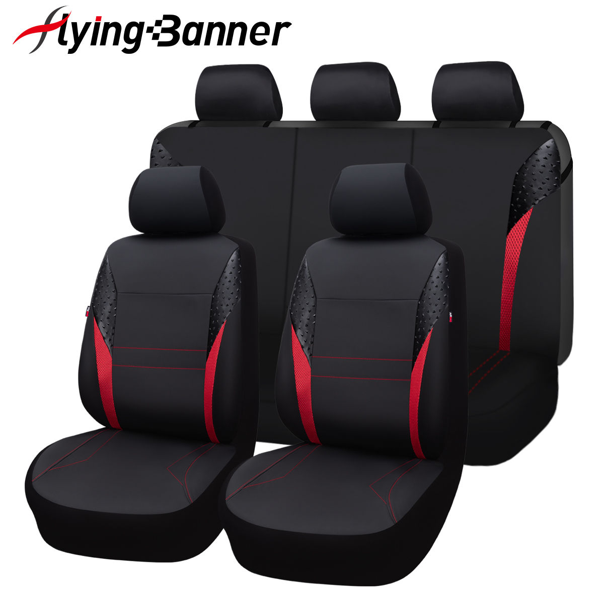 Flying Banner Leather car seat Covers full Set Universal Black Red