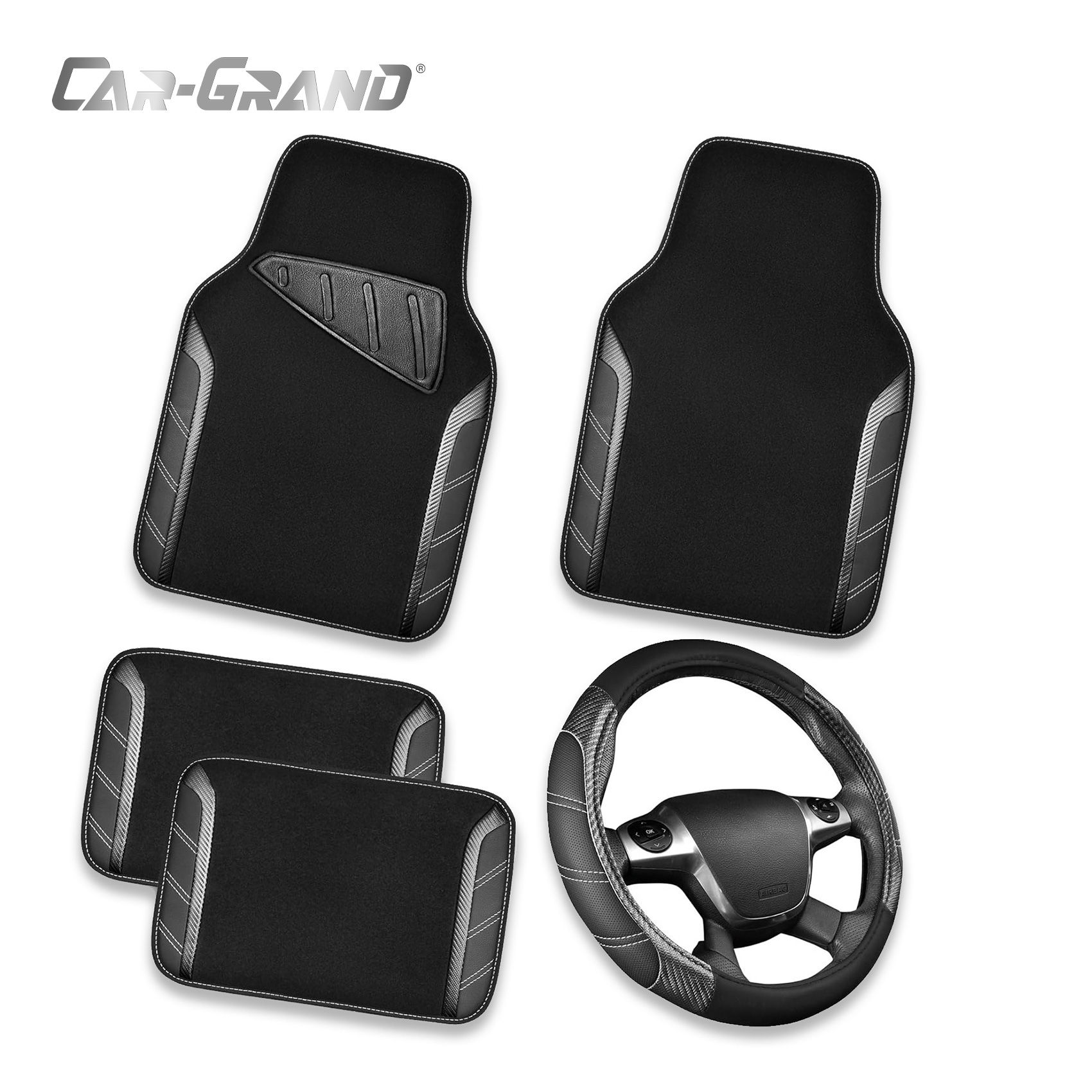 CAR GRAND Leather car Steering Wheel Cover combo pack car floor mats Black