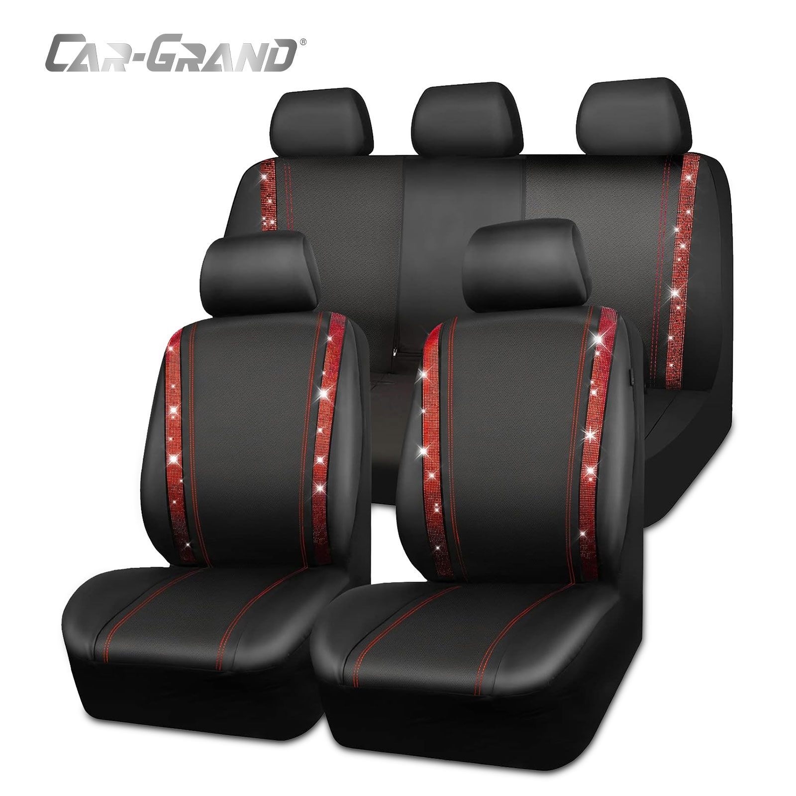 CAR GRAND Bling Leather Car Seat Covers Full Set Rhinestone Diamond Black Red
