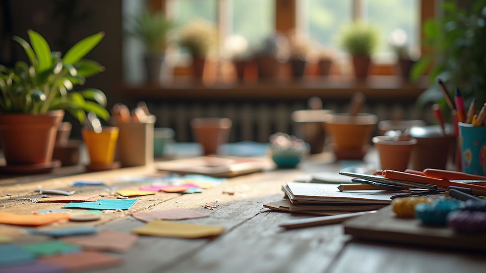 Eye-level view of a rustic table with colourful craft supplies laid out