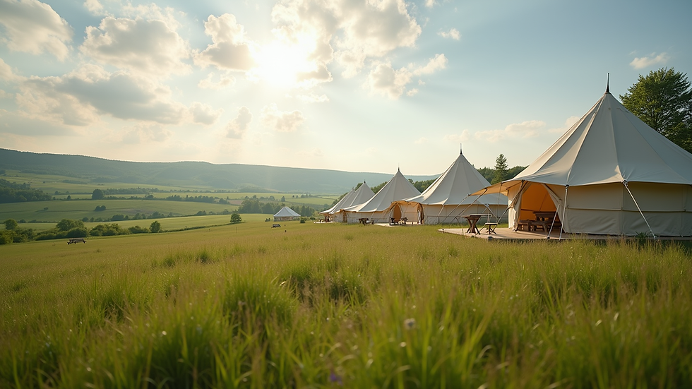 Wide angle view of peaceful countryside glamping site with tents and green fields