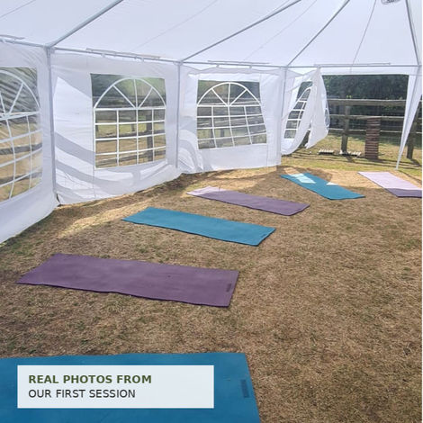 Yoga mats within a white gazebo with side images of a music bowl and pastries refreshments.