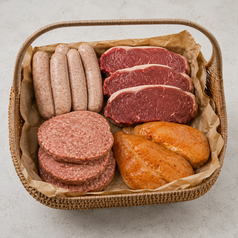 Wicker barbecue basket filled with raw steaks, burgers, sausages and marinated chicken.