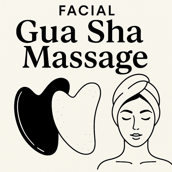 Black and white facial gua sha tools with a minimalist face illustration for facial gua sha massage training