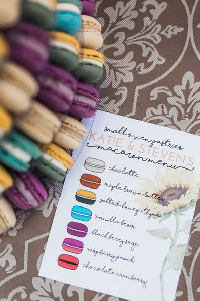 A snapshot of Small Oven Pastries custom macaron menu beside a macaron tower at a wedding.