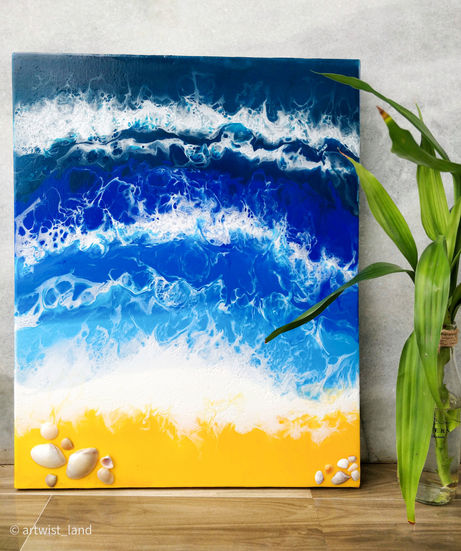 "Vibrant Beach Fluid Art for Travel-inspired Decor - Captivating blend of vivid colors and fluid brushstrokes creating a mesmerizing beach scene. Perfect for adding a touch of artistic charm to your home decor, beach-themed spaces, or art collections."