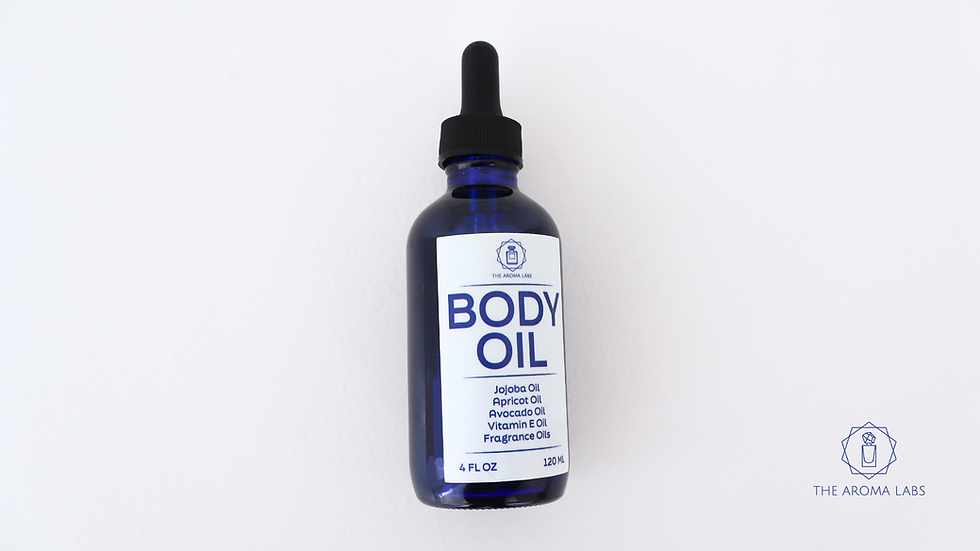 Hydrate and scent your skin with a custom body oil. This 4 oz blue bottle is made to order with your signature fragrance.