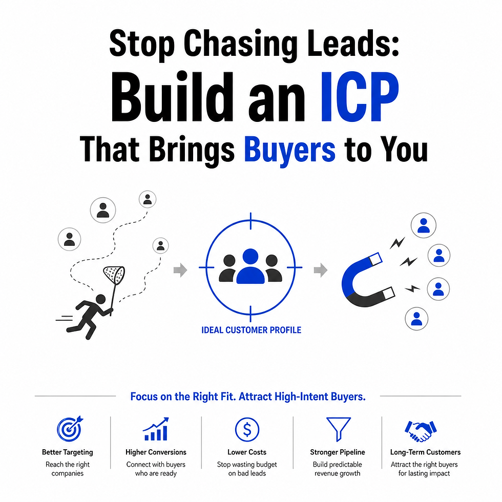 Minimalist infographic showing ICP lead generation strategy attracting high-intent B2B buyers instead of chasing random leads