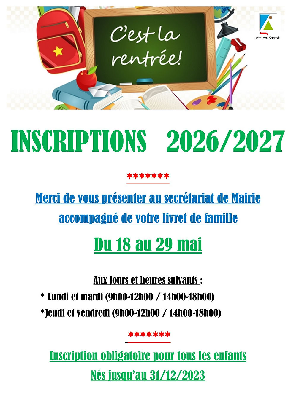 Inscription maternelle affiche 2026-2027