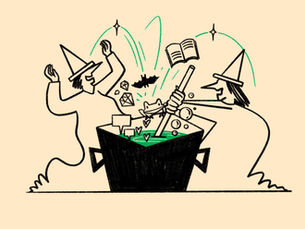 An illustration of two witches throwing branding ingredients into a cauldron