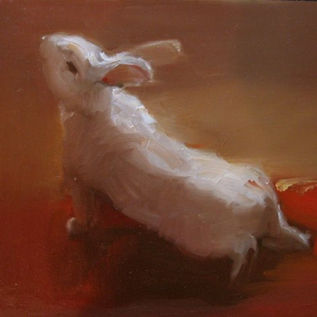 painting of a rabbit stretching