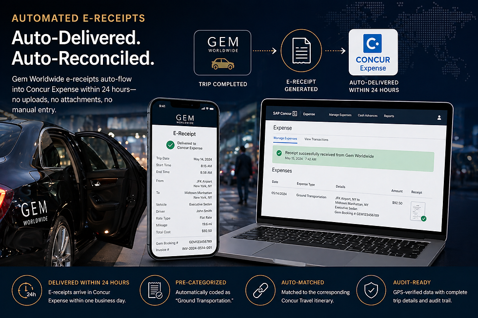 Automated e-receipts workflow graphic showing a completed Gem Worldwide trip generating a digital receipt that flows into SAP Concur Expense, with visuals of a smartphone displaying an e-receipt, a laptop showing expense reconciliation, and icons highlighting auto-delivery within 24 hours, pre-categorization, auto-matching, and audit-ready data.