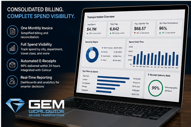 Laptop displaying transportation analytics dashboard with charts, costs, and performance metrics, representing consolidated billing and full spend visibility.