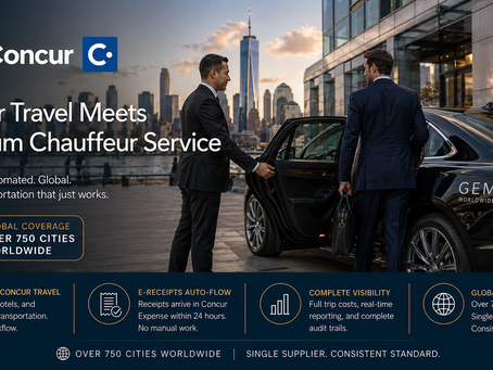 Business executive entering a luxury black sedan with a professional chauffeur outside a modern office building, featuring SAP Concur branding and highlighting integrated corporate travel and premium ground transportation services.