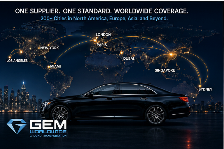 World map with connected major cities and luxury sedan illustrating global ground transportation coverage across 750+ cities worldwide.