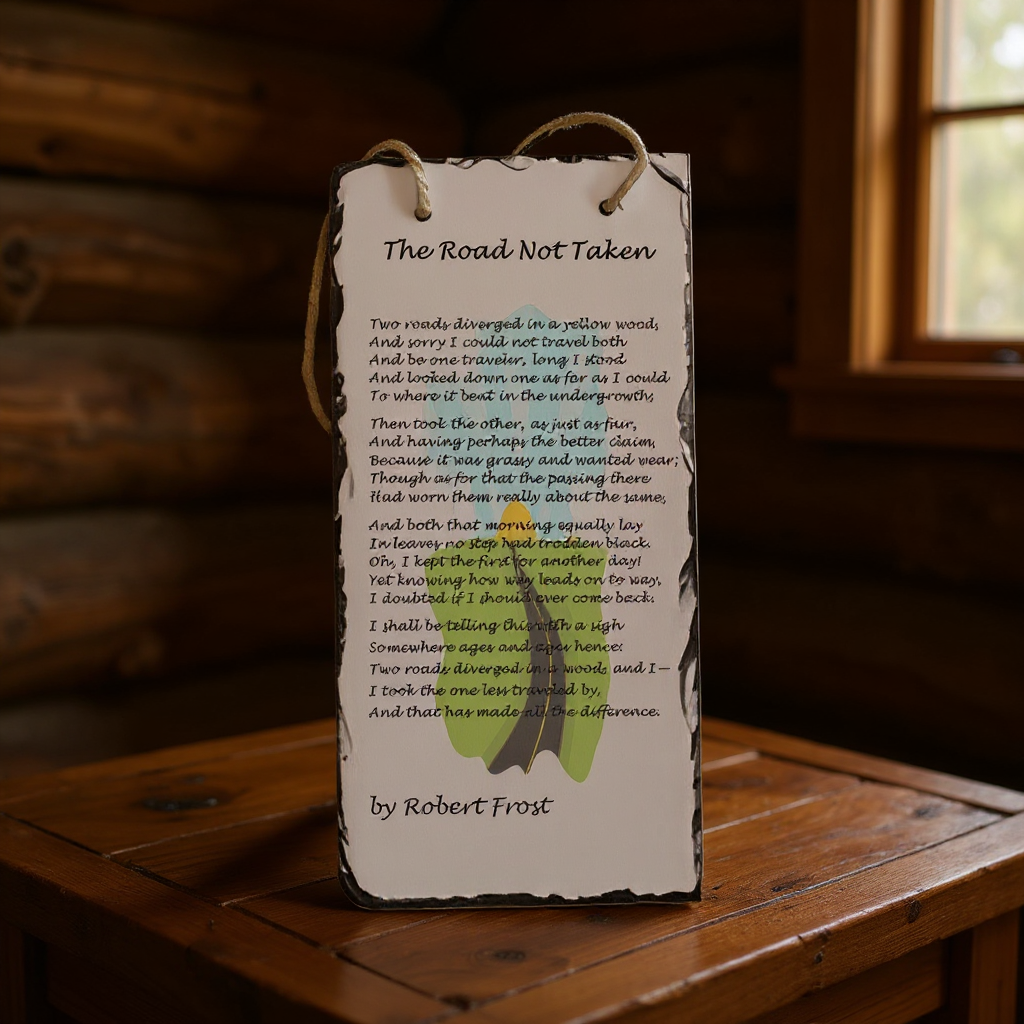 The Road Not Taken” by Robert Frost hanging slate