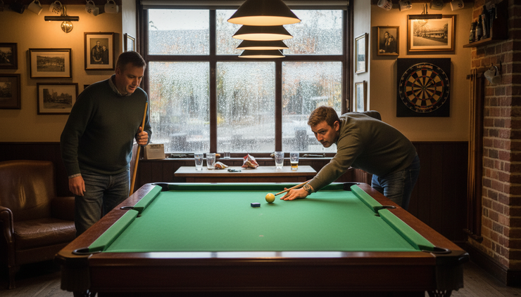 Eye-level view of friends playing pool on a green baize table in a warm indoor venue