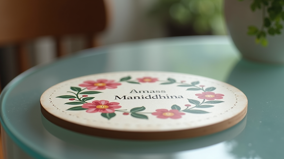 Eye-level view of a single personalised coaster with a floral design on a glass table