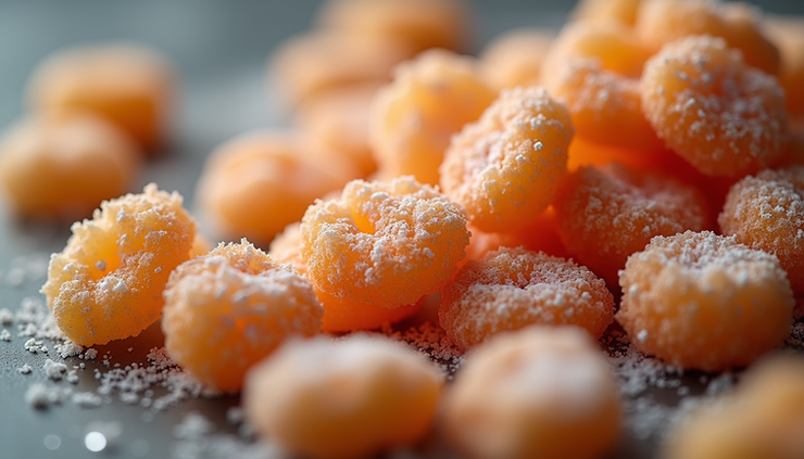 Close-up view of a bowl of sugary snacks with gut bacteria illustration