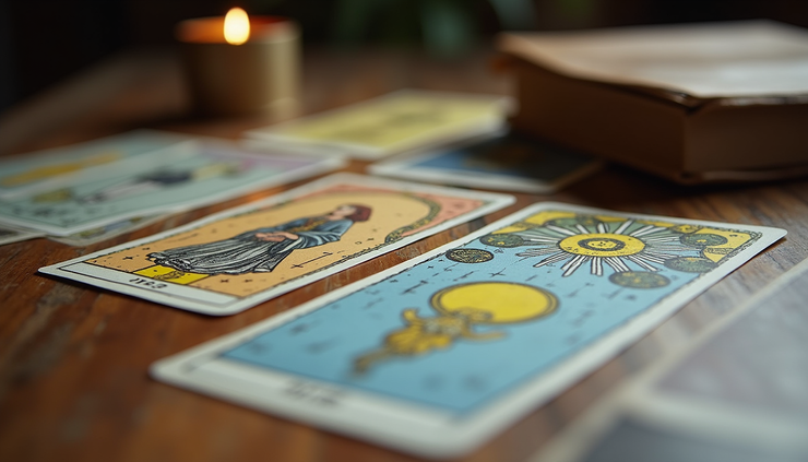 Close-up view of a tarot deck spread on a wooden table with elemental symbols