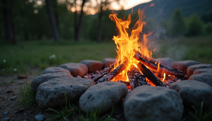 Eye-level view of a fire pit with glowing embers surrounded by stones