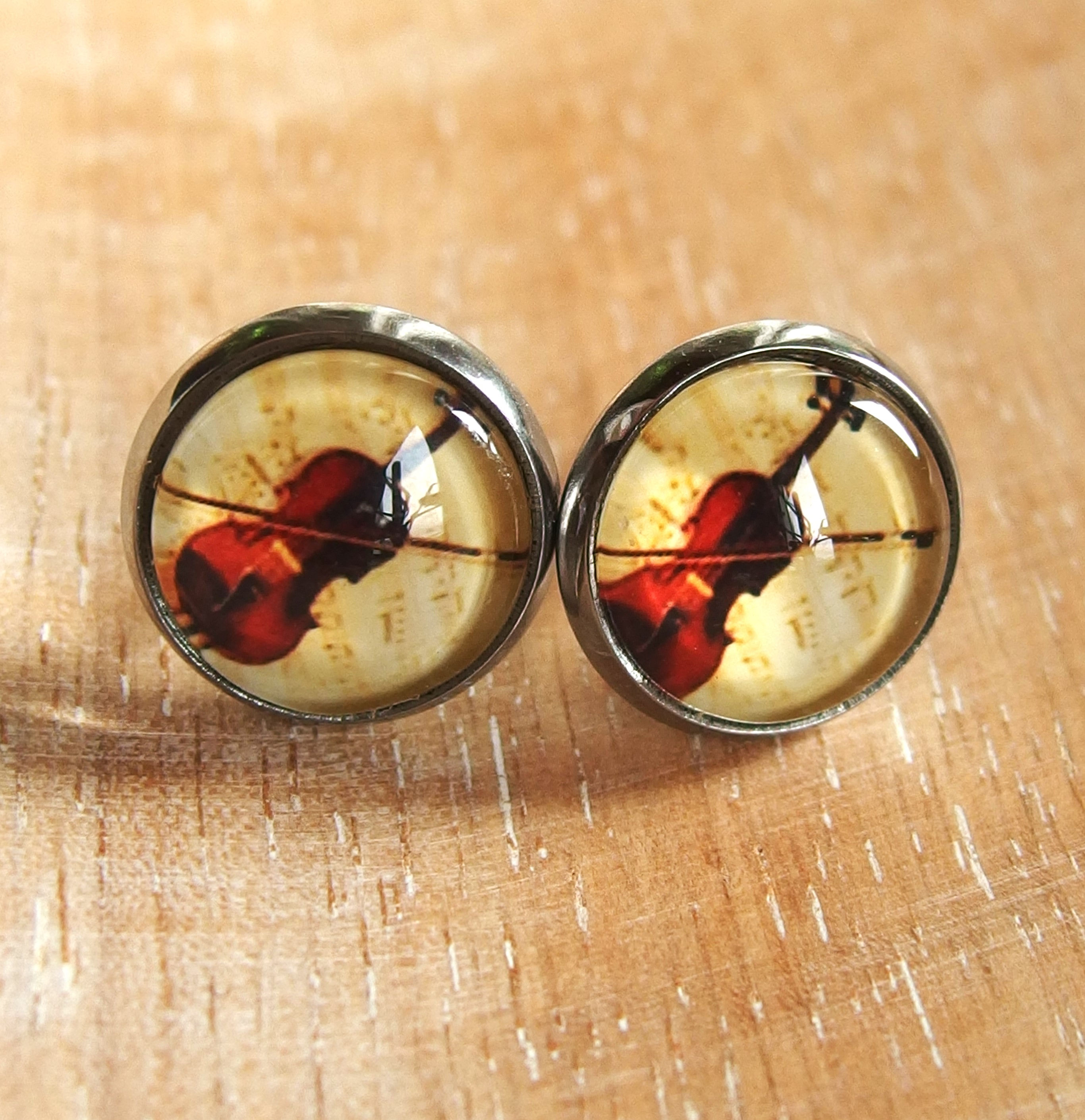 Ohrstecker Edelstahl mit Bild von Violine hinter Glas, Fassung 11mm (Sternchenlieb)