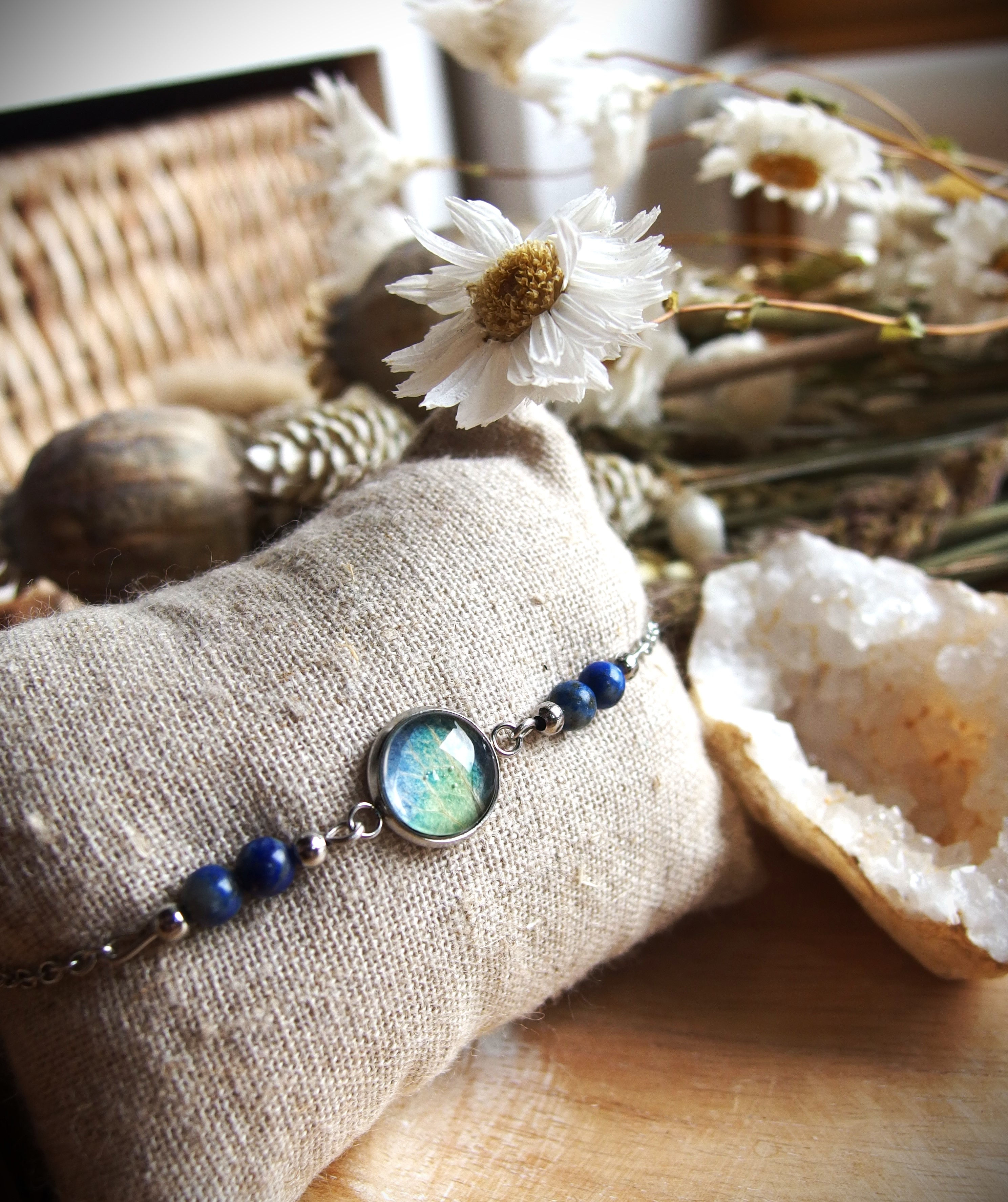 Armband Edelstahl Hortensie Lapis Lazuli