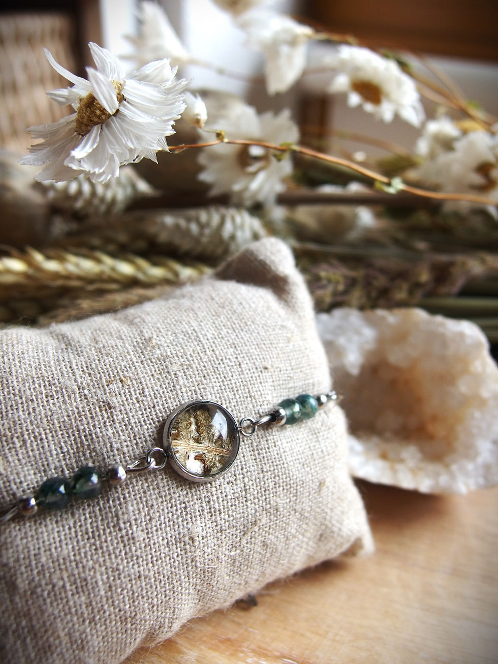 Handgemachte Fusskette Edelstahl mit echtem Farn und Moosachat-Perlen, Fassung 11mm (Sternchenlieb)