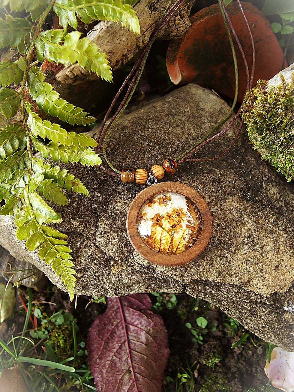 Handgemachte Halskette aus Nussholz mit echtem Farn, Moos und Holunder hinter Glas auf Stein fotografiert, mit Perlen, Fassung 35mm (Sternchenlieb)